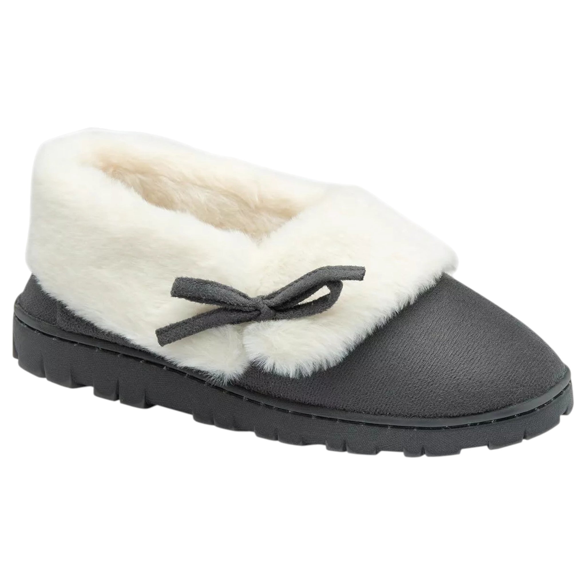Women’s Dunlop slip-on slippers with bow detail and warm fleece lining in grey